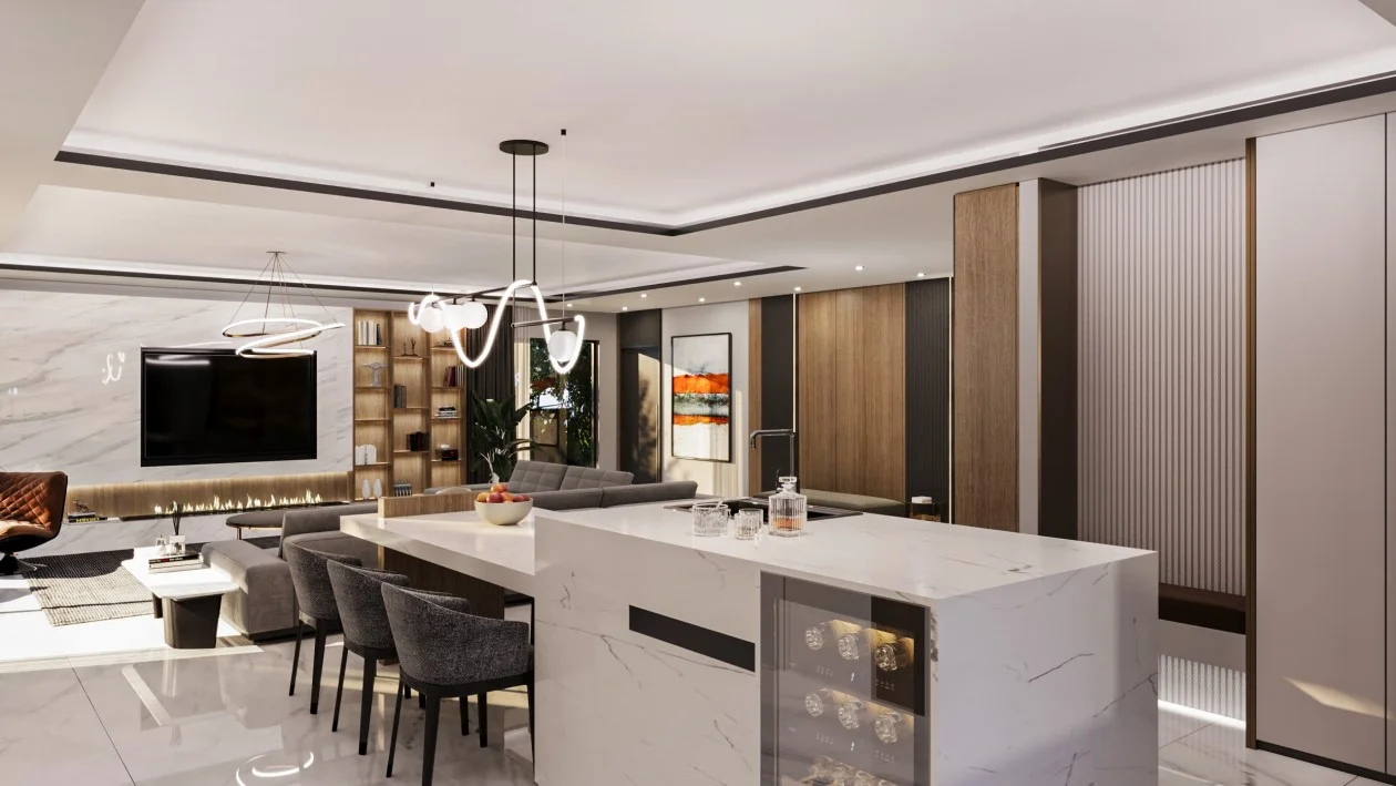 İç mimarın önerileriyle dekore edilmiş modern bir salon.